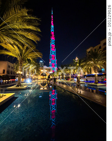 Dubai Downtown. square place with palm trees and pond with burj khalifa in backgrouund, in UAE Dubai Downtown. square place with palm trees and pond with burj khalifa in backgrouund, in UAE 101229026
