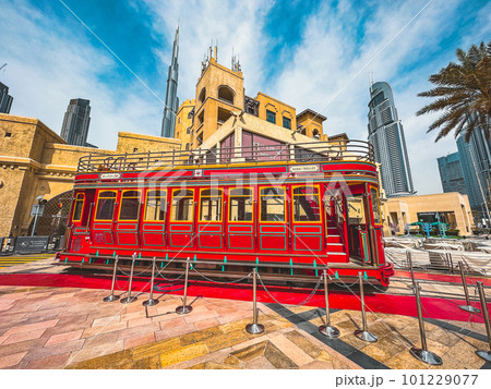 Below Skyscrapers view in Downtown Dubai, business and finance district, UAE Below Skyscrapers view in Downtown Dubai, business and finance district, UAE 101229077