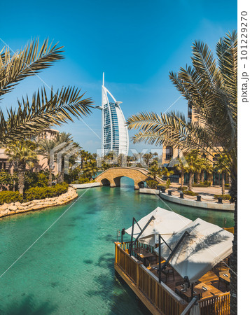 View of Burj Al Arab from Souk Madinat Jumeirah in Dubai, traditional arabian bazaar market, UAE 101229270