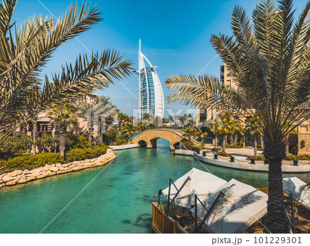 View of Burj Al Arab from Souk Madinat Jumeirah in Dubai, traditional arabian bazaar market, UAE 101229301