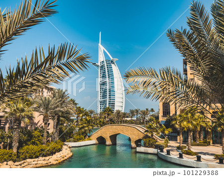 View of Burj Al Arab from Souk Madinat Jumeirah in Dubai, traditional arabian bazaar market, UAE 101229388