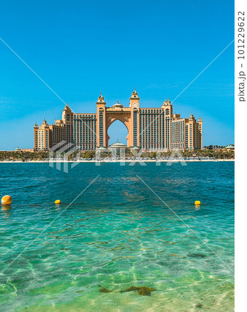 View from the promenade and tram monorail in The Palm Jumeirah island in Dubai, UAE View from the promenade and tram monorail in The Palm Jumeirah island in Dubai, UAE 101229622