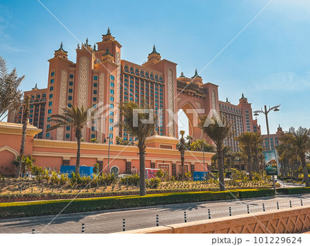 View from the promenade and tram monorail in The Palm Jumeirah island in Dubai, UAE View from the promenade and tram monorail in The Palm Jumeirah island in Dubai, UAE 101229624