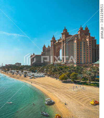 View from the promenade and tram monorail in The Palm Jumeirah island in Dubai, UAE View from the promenade and tram monorail in The Palm Jumeirah island in Dubai, UAE 101229651