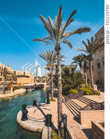 View of Burj Al Arab from Souk Madinat Jumeirah in Dubai, traditional arabian bazaar market, UAE 101229780