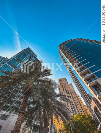 Dubai Marina, harbour, cruise boat and canal promenade view at sunset, in Dubai, United Arab Dubai Marina, harbour, cruise boat and canal promenade view at sunset, in Dubai, United Arab 101230046