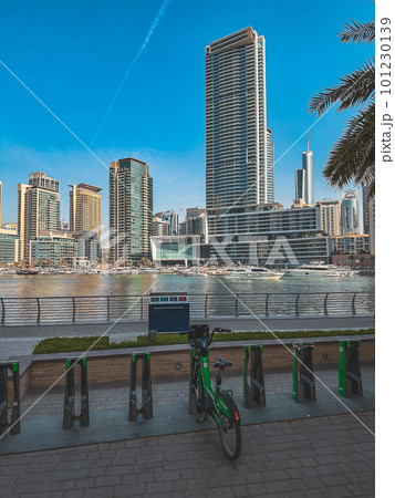 Dubai Marina, harbour, cruise boat and canal promenade view at sunset, in Dubai, United Arab 101230139