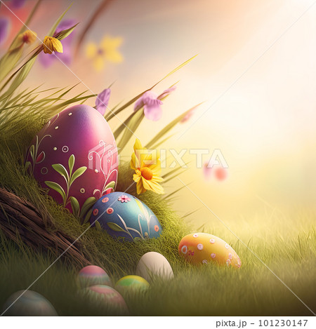 Colorful Easter eggs background, Generative AI 101230147