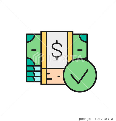 Money banknotes with check mark, credit approved color lineal icon. Cash payment, paper bill, dollar symbol design. Money banknotes with check mark, credit approved color lineal icon. Cash payment, paper bill, dollar symbol design. 101230318