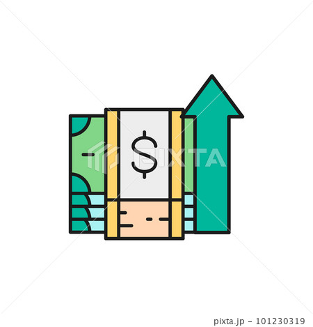 Money banknotes with up arrow, money interest rate increase color lineal icon. Cash payment, paper bill, dollar symbol design. Money banknotes with up arrow, money interest rate increase color lineal icon. Cash payment, paper bill, dollar symbol design. 101230319