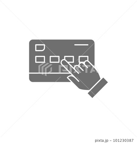 Finger click on the credit card, choice of debit card for payment grey fill icon. Shopping, online banking, finance symbol design. 101230387