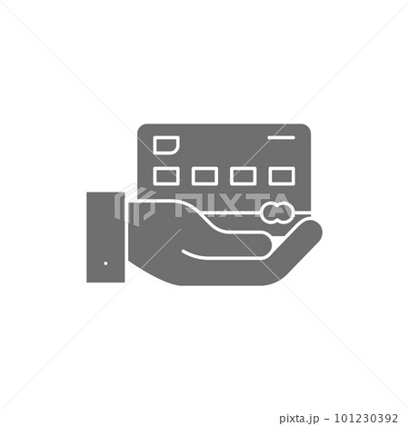 Hand holding credit card, payment with card, NFC payment grey fill icon. Shopping, online banking, finance symbol design. Hand holding credit card, payment with card, NFC payment grey fill icon. Shopping, online banking, finance symbol design. 101230392