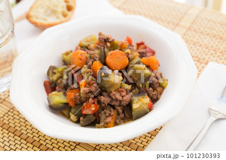 dish of vegetable stew. stewed eggplant, minced meat, carrots, peppers, onion squid dish of vegetable stew. stewed eggplant, minced meat, carrots, peppers, onion squid 101230393