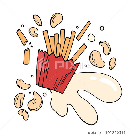 Illustration of french fries in a box, with drops of sauce and flying chips around it 101230511