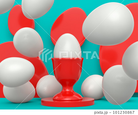 Farm white egg in ceramic egg cup and scattered eggs on green background 101230867