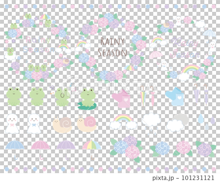 梅雨の季節のフレームとかわいいあじさいやかえるなどのイラスト素材セット 梅雨の季節のフレームとかわいいあじさいやかえるなどのイラスト素材セット 101231121