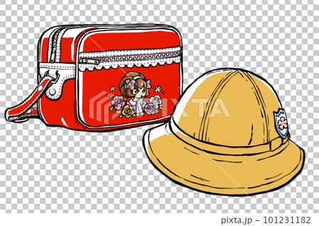 A yellow school hat with an emblem and a red school bag with a retro girl's illustration brush-painted and matte-painted 101231182