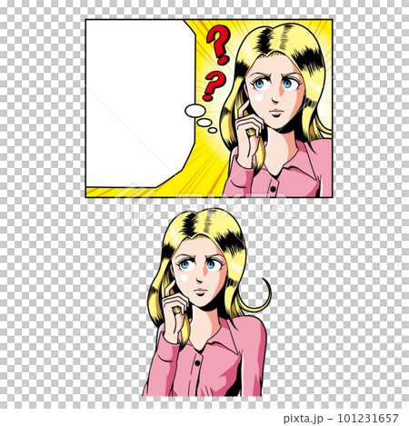 Caucasian woman thinking about American comic touch 101231657