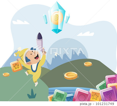Play to earn video game with cute kid character trying to find money and make cryptocurrencies 101231749