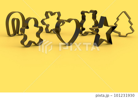Set of metal cookie cutters for homemade Christmas biscuit on monochrome Set of metal cookie cutters for homemade Christmas biscuit on monochrome 101231930