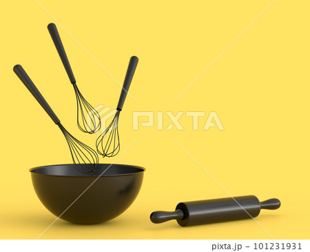 Metal bowl with kitchen utensil preparation of dough on monochrome background Metal bowl with kitchen utensil preparation of dough on monochrome background 101231931