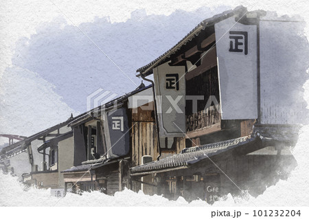 水彩画風　三次歴みち石畳通り　卯建（うだつ）　広島県三次市 101232204