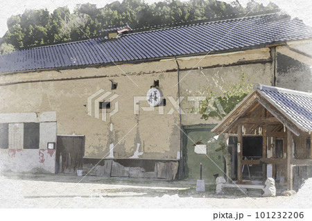 水彩画風　三次歴みち石畳通り　旧万寿之井酒造酒造蔵　広島県三次市 101232206