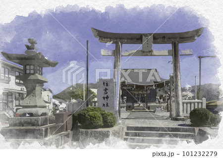 水彩画風　三次歴みち石畳通り　三次本通り　住吉神社　広島県三次市 101232279
