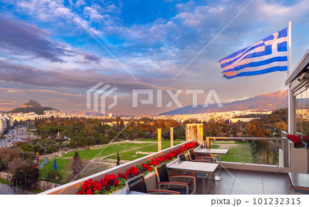 Greek national flag against the blue sky. 101232315