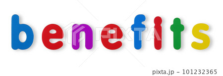benefits coloured magnetic letters on white with clipping path 101232365