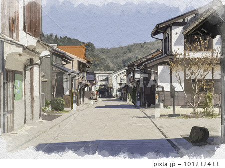 水彩画風　三次歴みち石畳通り　三勝寺周辺　広島県三次市 101232433