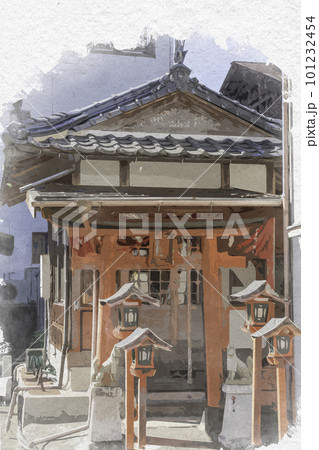 水彩画風　三次歴みち石畳通り　松原稲荷神社　広島県三次市 101232454