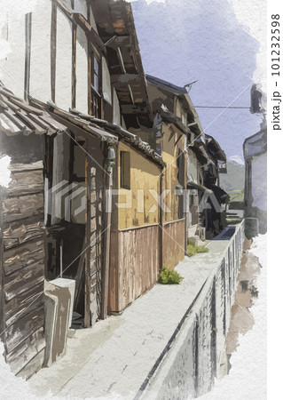 水彩画風　三次歴みち石畳通り　畠中小路　広島県三次市 101232598