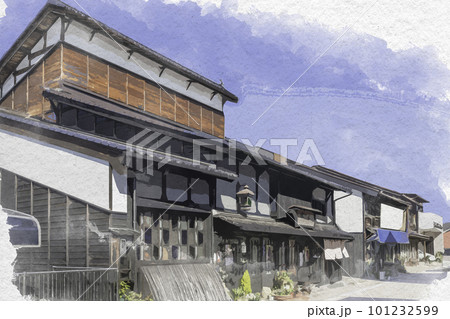 水彩画風　三次歴みち石畳通り　木綿兎　広島県三次市 101232599