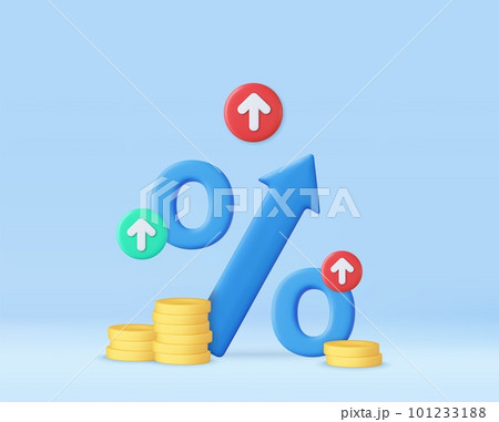3D blue arrow percent with stack coin. 3D blue arrow percent with stack coin. 101233188