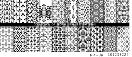Geometric floral set of seamless patterns. White and black vector backgrounds. Damask graphic ornaments. 101233222