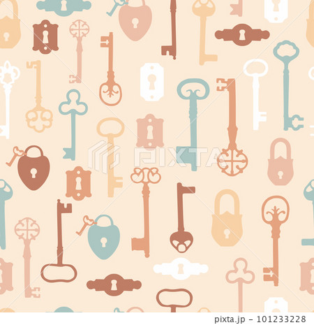 Vintage seamless pattern with different antique keys on pink Vintage seamless pattern with different antique keys on pink 101233228