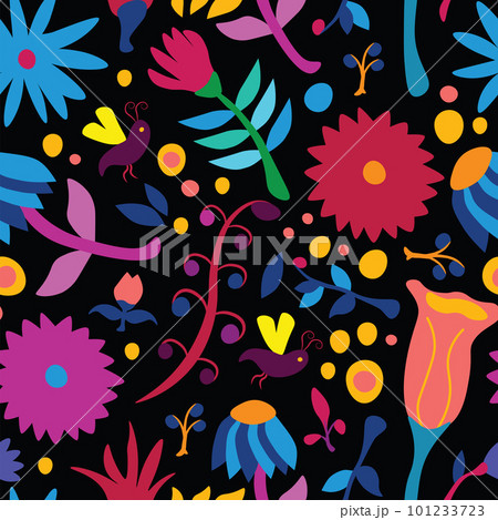 Vector seamless pattern in folklore style. Inspired by traditional Mexican Otomi embroidery. Floral and animal elements, vibrant colors Vector seamless pattern in folklore style. Inspired by traditional Mexican Otomi embroidery. Floral and animal elements, vibrant colors 101233723