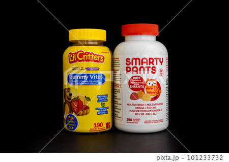 Calgary, Alberta, Canada. Mar 26, 2023. A couple of kids supplement vitamins bottles. Calgary, Alberta, Canada. Mar 26, 2023. A couple of kids supplement vitamins bottles. 101233732