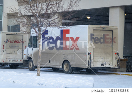 Calgary, Alberta, Canada. Mar 9, 2023. A Fedex truck van parked during the winter. Calgary, Alberta, Canada. Mar 9, 2023. A Fedex truck van parked during the winter. 101233838