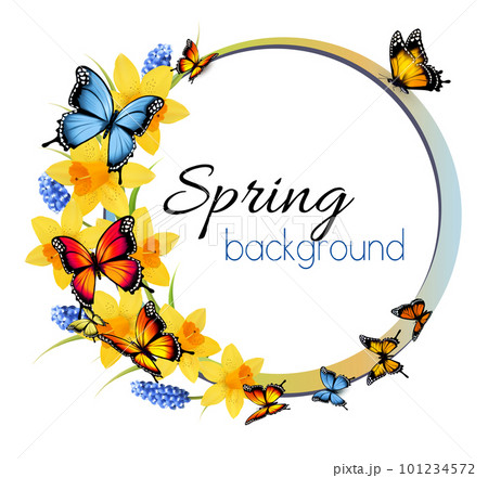 Spring background with colorful butterflies and spring flowers. Spring sale vector. 101234572