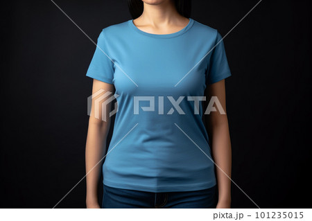 Generative AI. Blue T-Shirt Mockup on Female Model Generative AI. Blue T-Shirt Mockup on Female Model 101235015