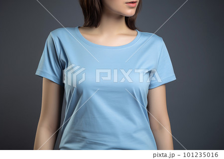 Generative AI. Blue T-Shirt Mockup on Female Model 101235016