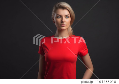 Generative AI. Red T-Shirt Mockup on Female Model 101235018
