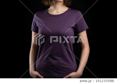 Generative AI. Purple T-Shirt Mockup on Female Model Generative AI. Purple T-Shirt Mockup on Female Model 101235086