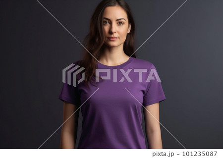 Generative AI. Purple T-Shirt Mockup on Female Model Generative AI. Purple T-Shirt Mockup on Female Model 101235087