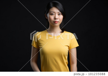 Generative AI. Yellow T-Shirt Mockup on Female Model Generative AI. Yellow T-Shirt Mockup on Female Model 101235088