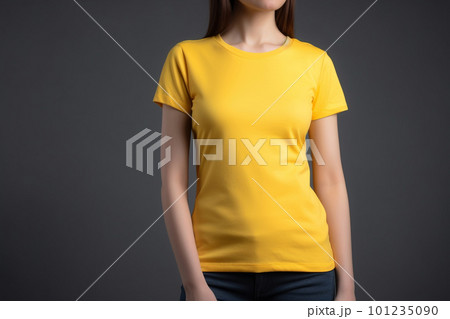 Generative AI. Yellow T-Shirt Mockup on Female Model Generative AI. Yellow T-Shirt Mockup on Female Model 101235090