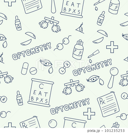 Equipments for optometry seamless pattern. Doodle banner with vision examination tools.  101235253