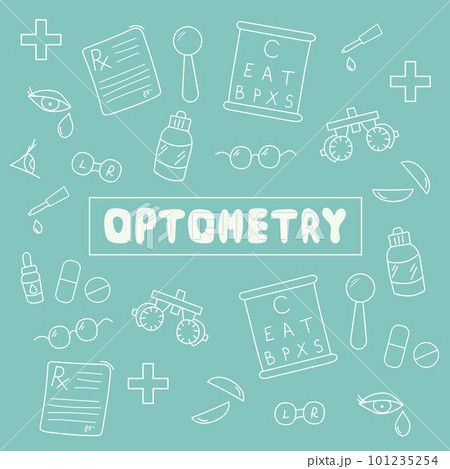 Set equipments for optometry. Doodle banner with vision examination tools.  101235254